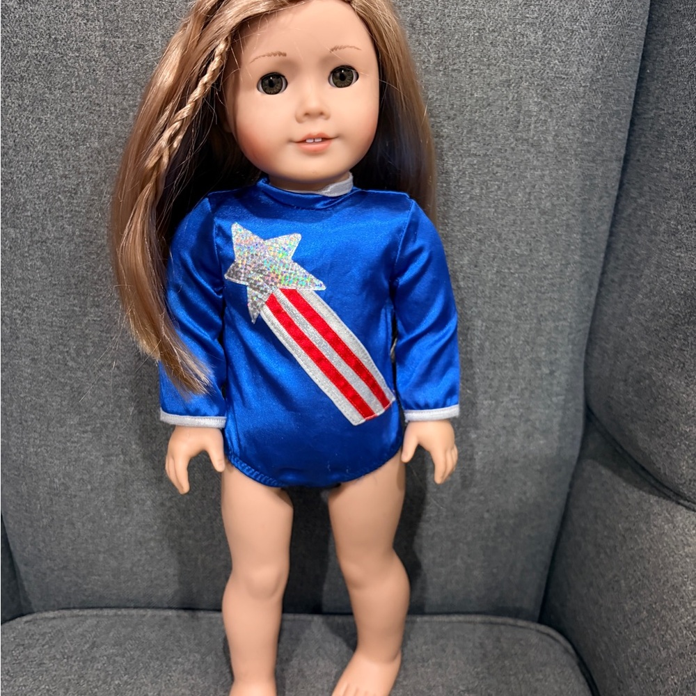 American Girl Doll with Royal Blue Gymnastics Doll Outfit